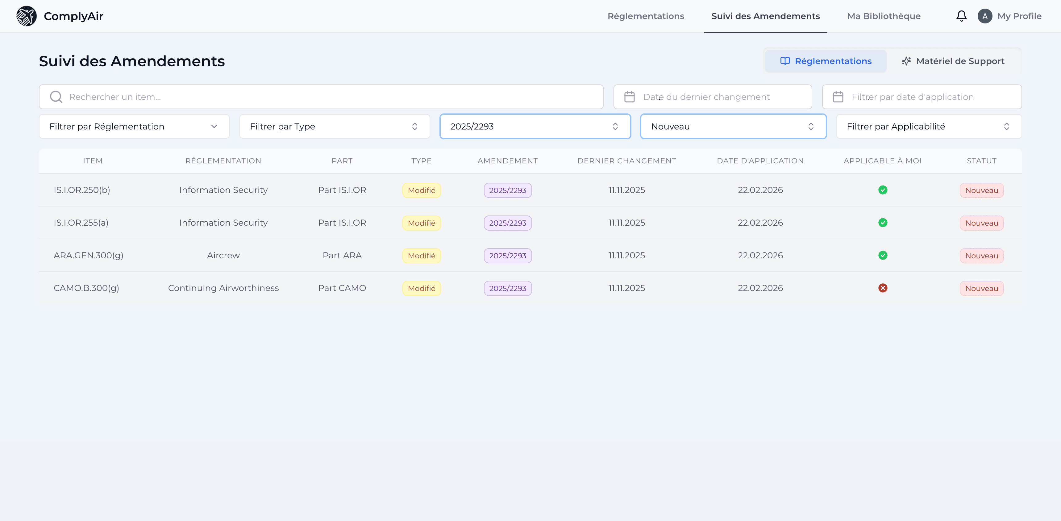 Amendments tracking interface